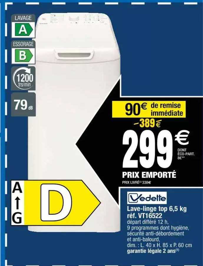 lave-linge top 6,5 kg vedette