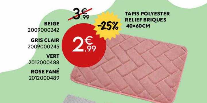 tapis polyester relief briques 40 x 60 cm : beige, gris clair, vert, rose fané