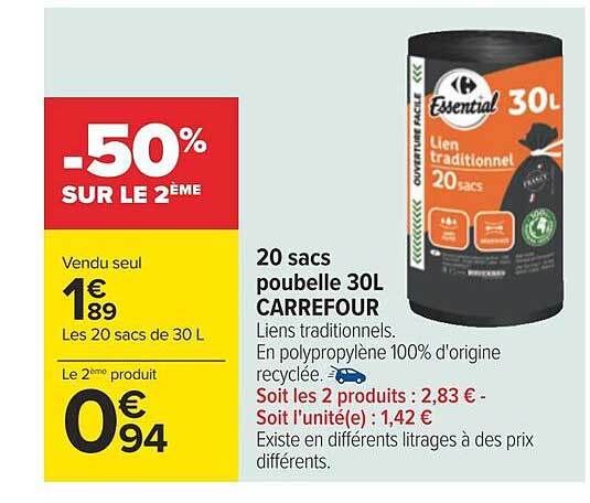 20 Sacs Poubelle 30l Carrefour