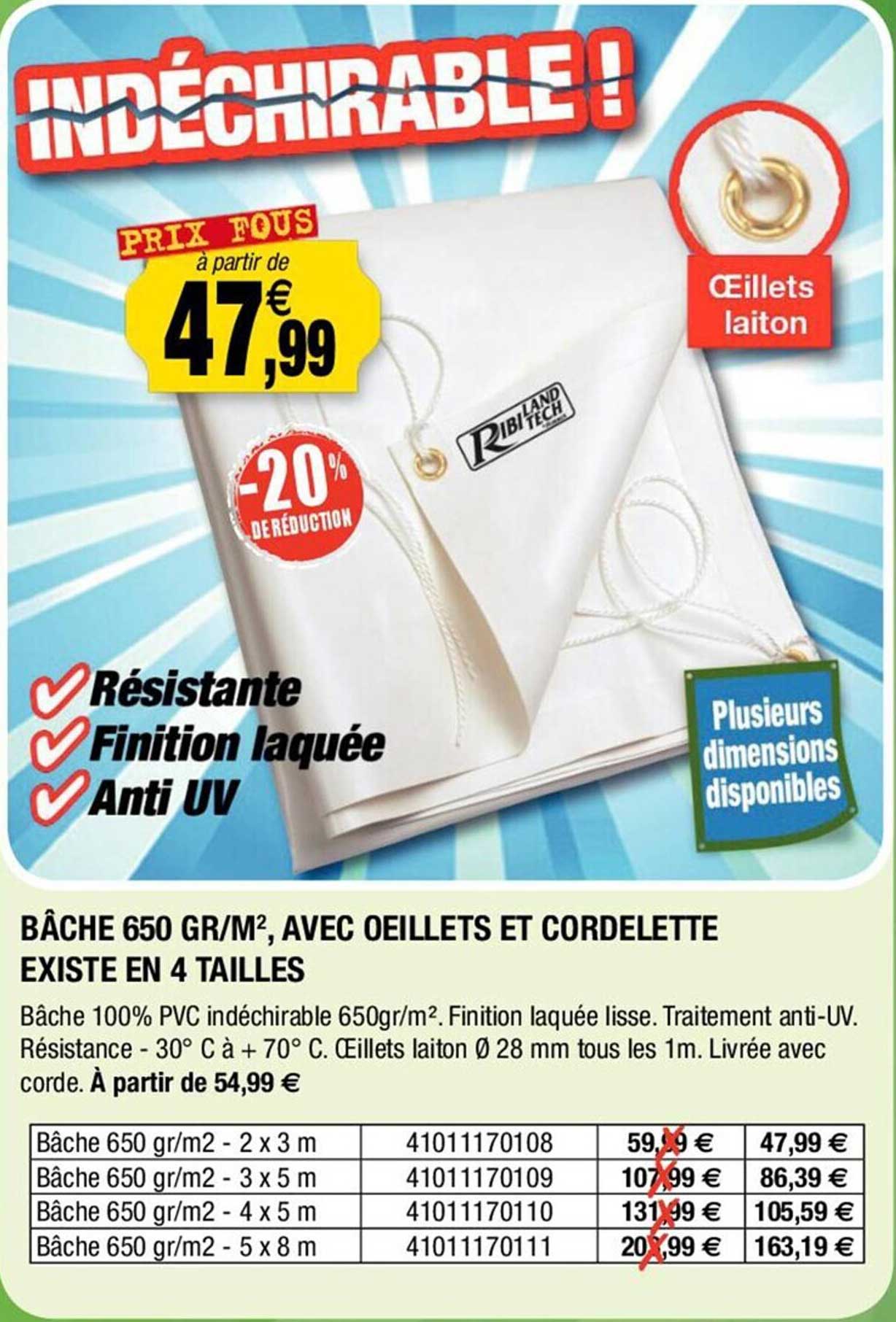 bâche 60 gr/m², avec œillets et cordelette existe en 4 tailles
