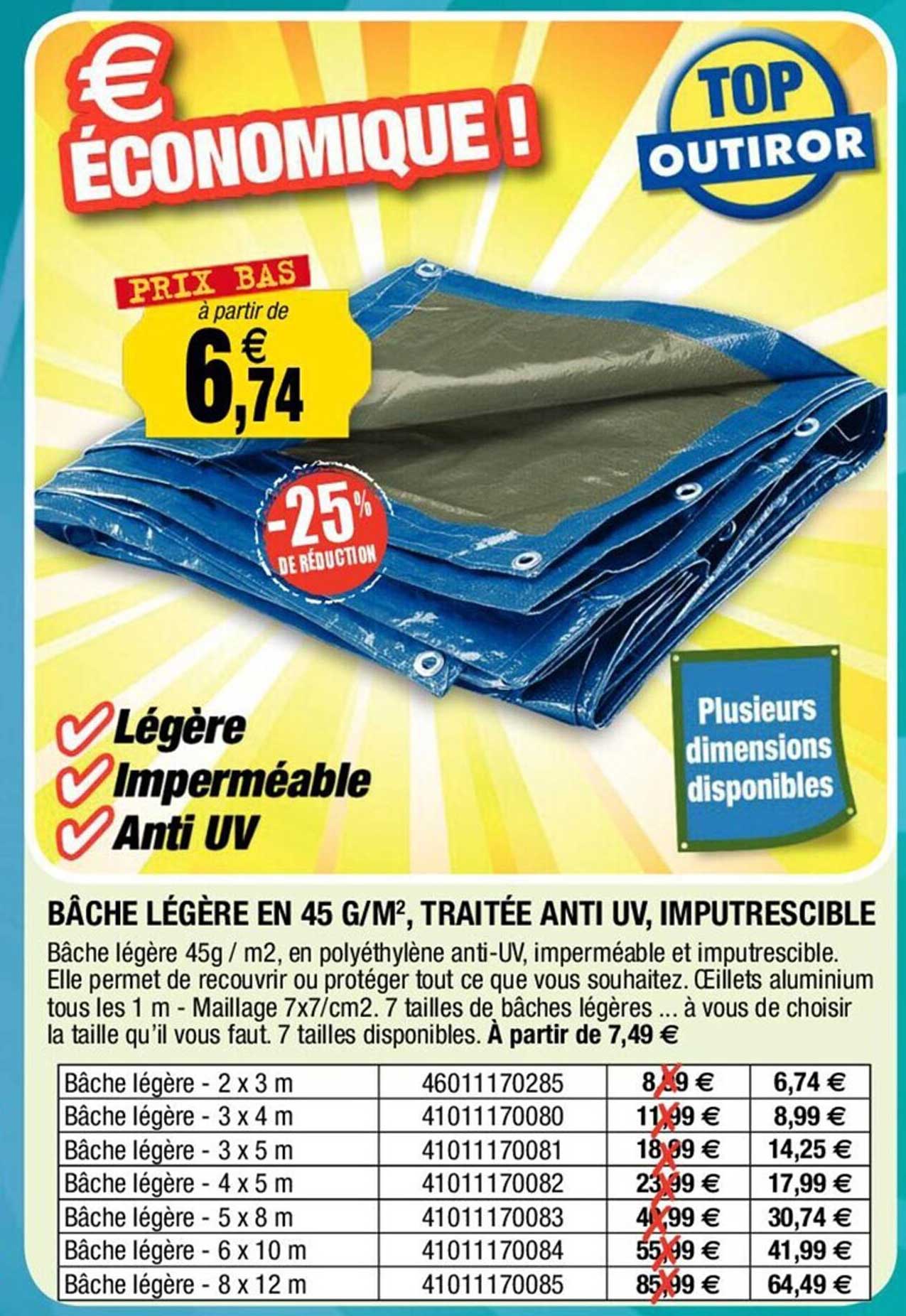 bâche légère en 45 g/m², traitée anti uv, imputrescible