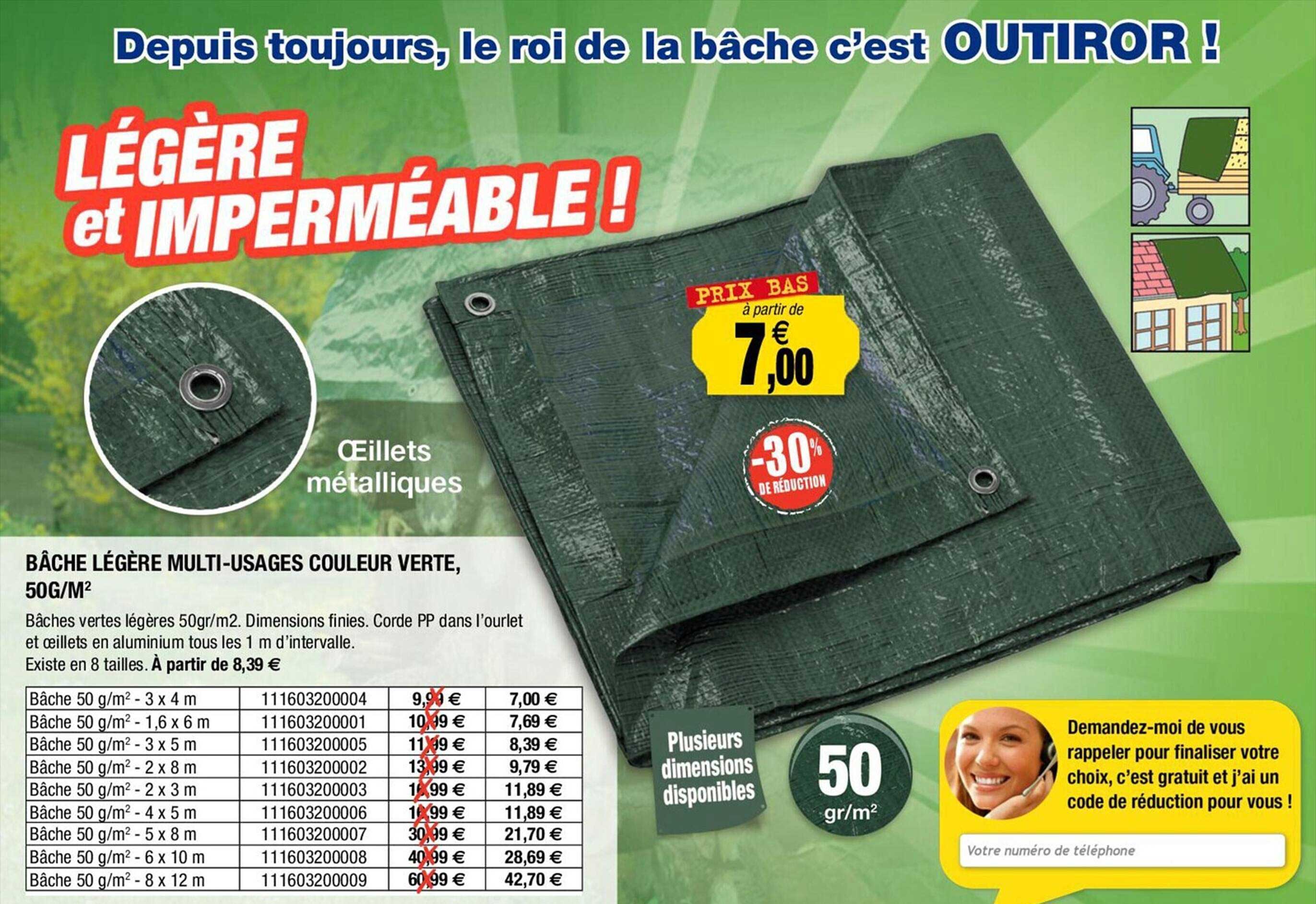 bâche légère multi-usages couleur verte, 50 g/m²