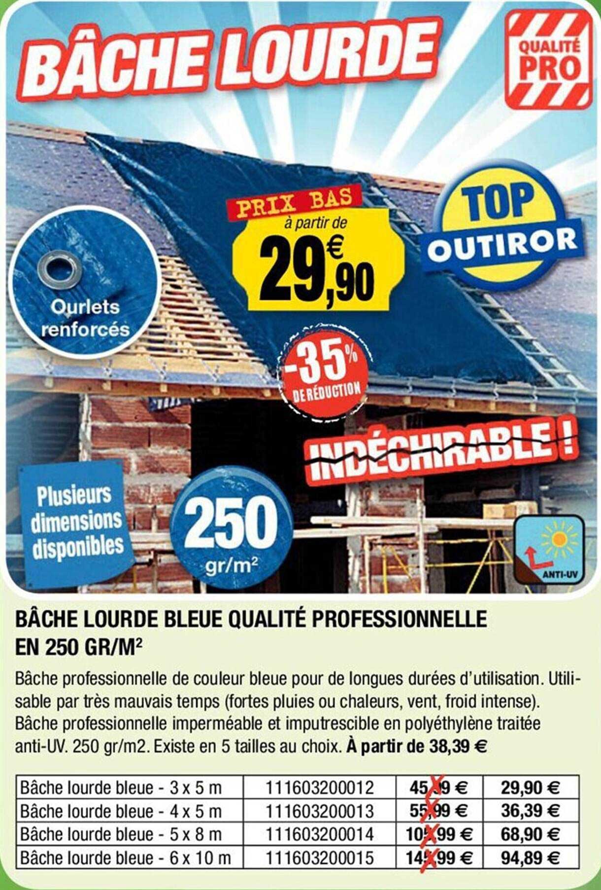 bâche lourde bleue qualité professionnelle en 250 gr/m²