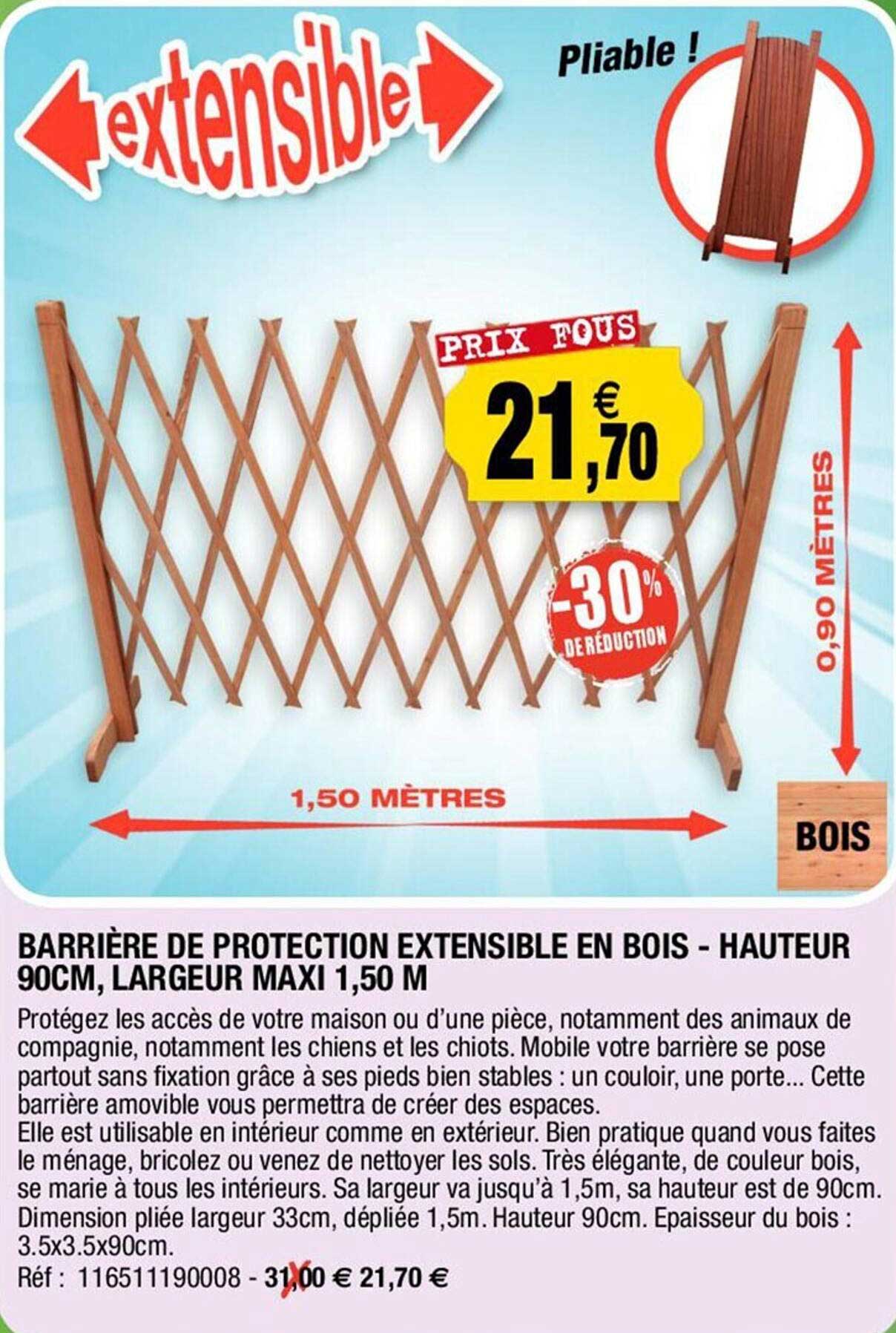 Barrière De Protection Extensible En Bois - Hauteur 90 Cm, Largeur Maxi 1,50 M