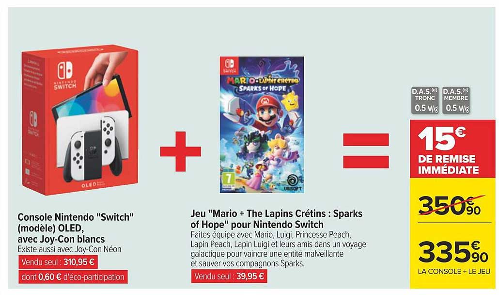 console nintendo "switch" (modèle) oled, avec joy-con blancs + jeu "mario + the lapins crétins : sparks of hope" pour nintendo switch