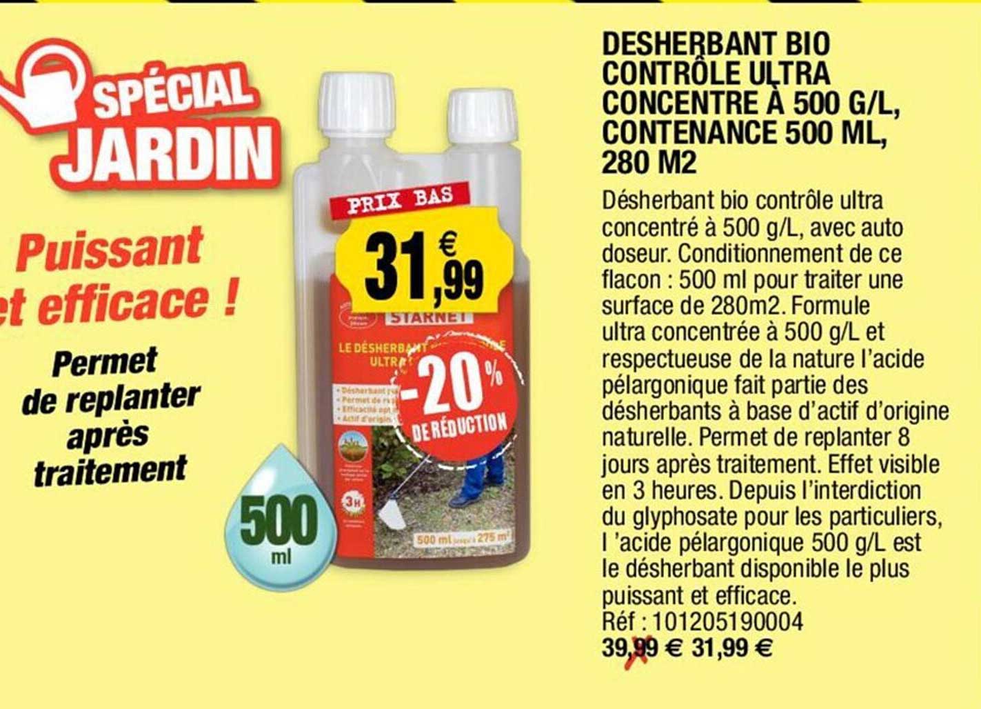 désherbant bio contrôle ultra concentré à 500 g/l, contenance 500ml, 280 m²