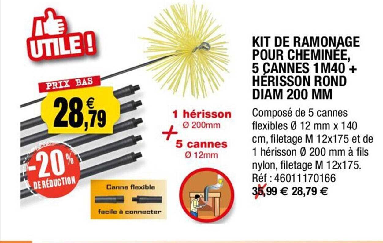 kit de ramonage pour cheminée, 5 cannes 1m40 + hérisson rond diam 200 mm