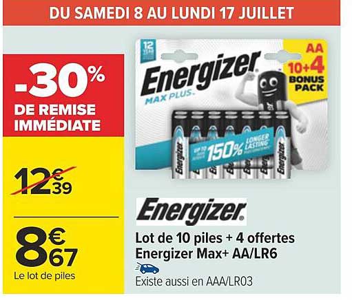 lot de 10 piles + 4 offertes energizer max+ aa/lr6