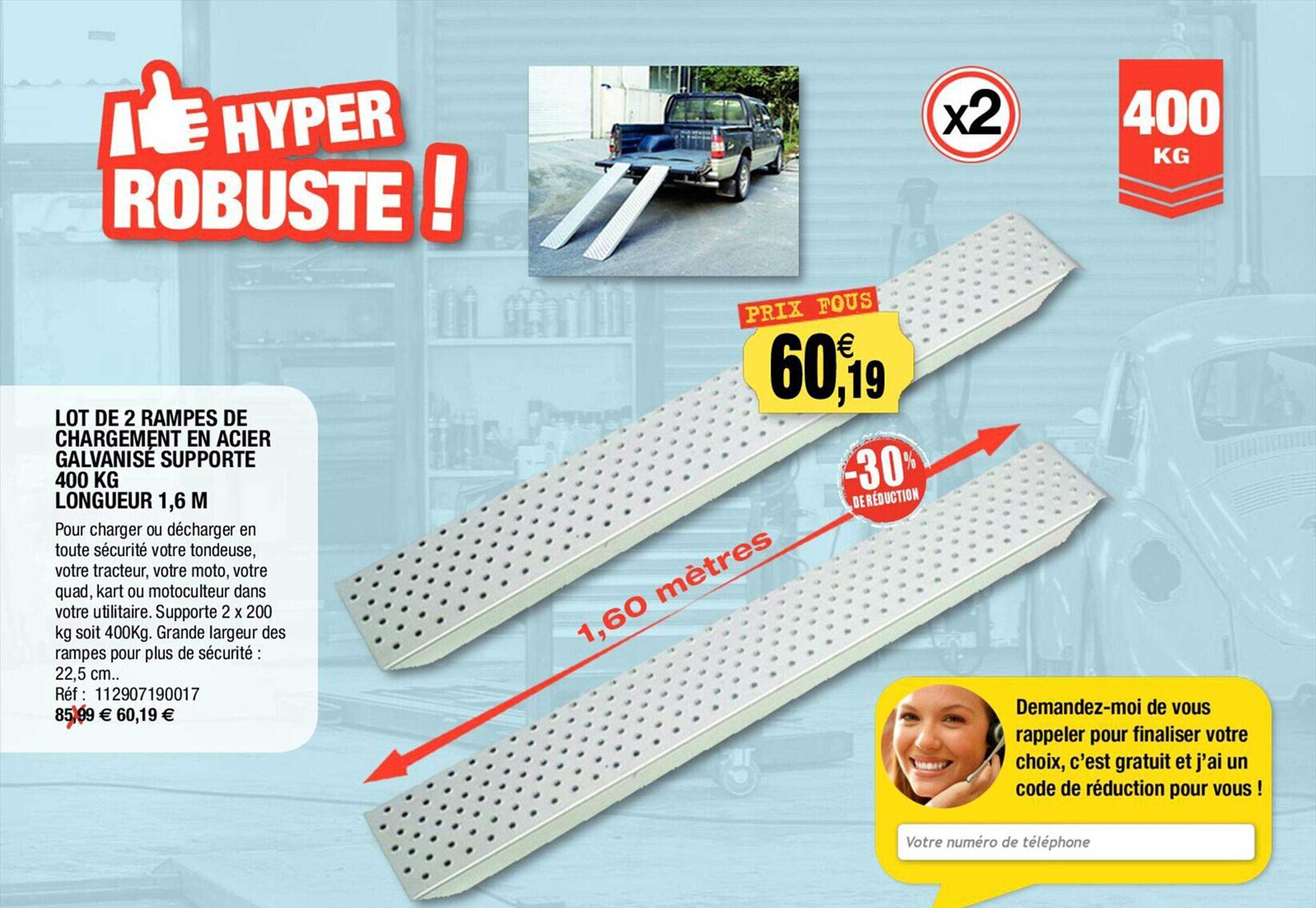 lot de 2 rampes de chargement en acier galvanisé supporte 400 kg longueur 1,6 m