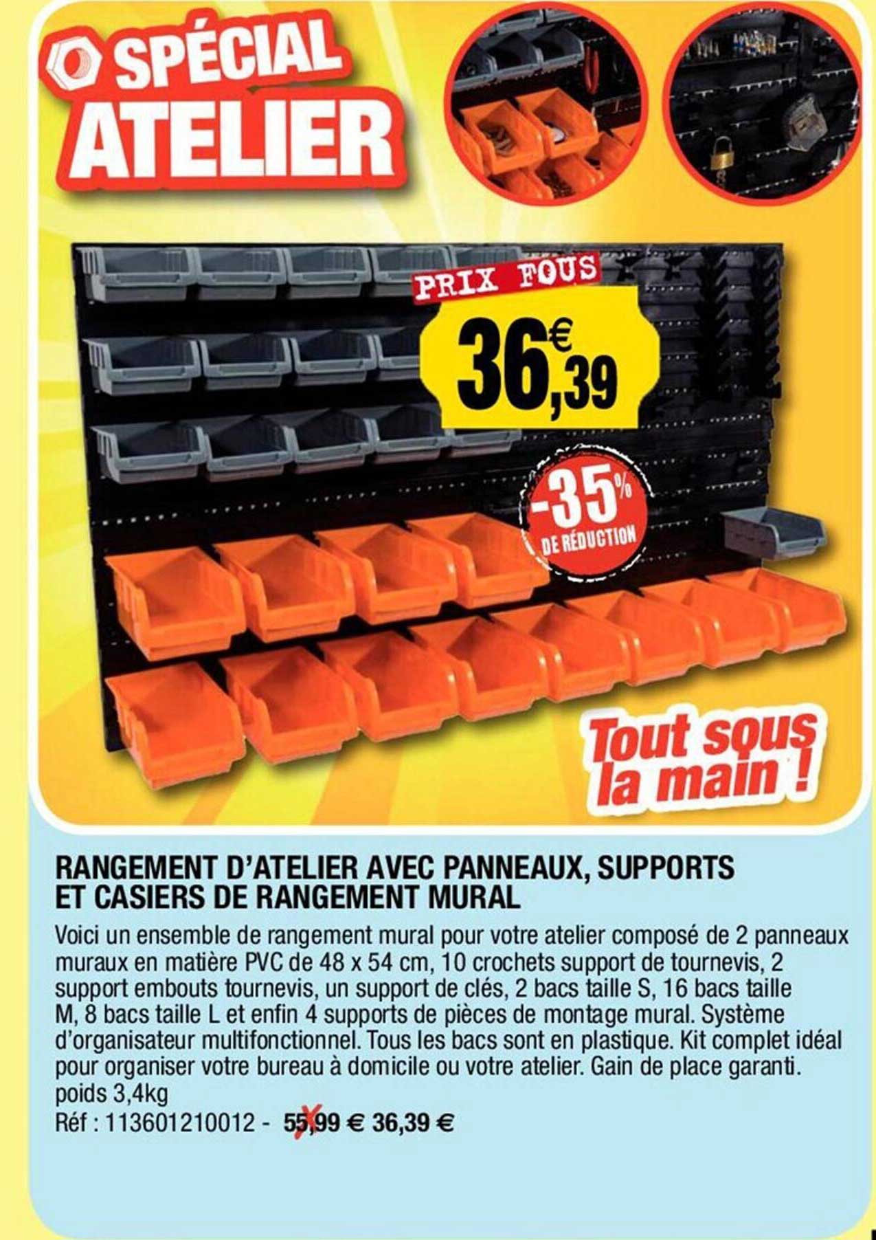 rangement d'atelier avec panneaux, supports et casiers de rangement mural