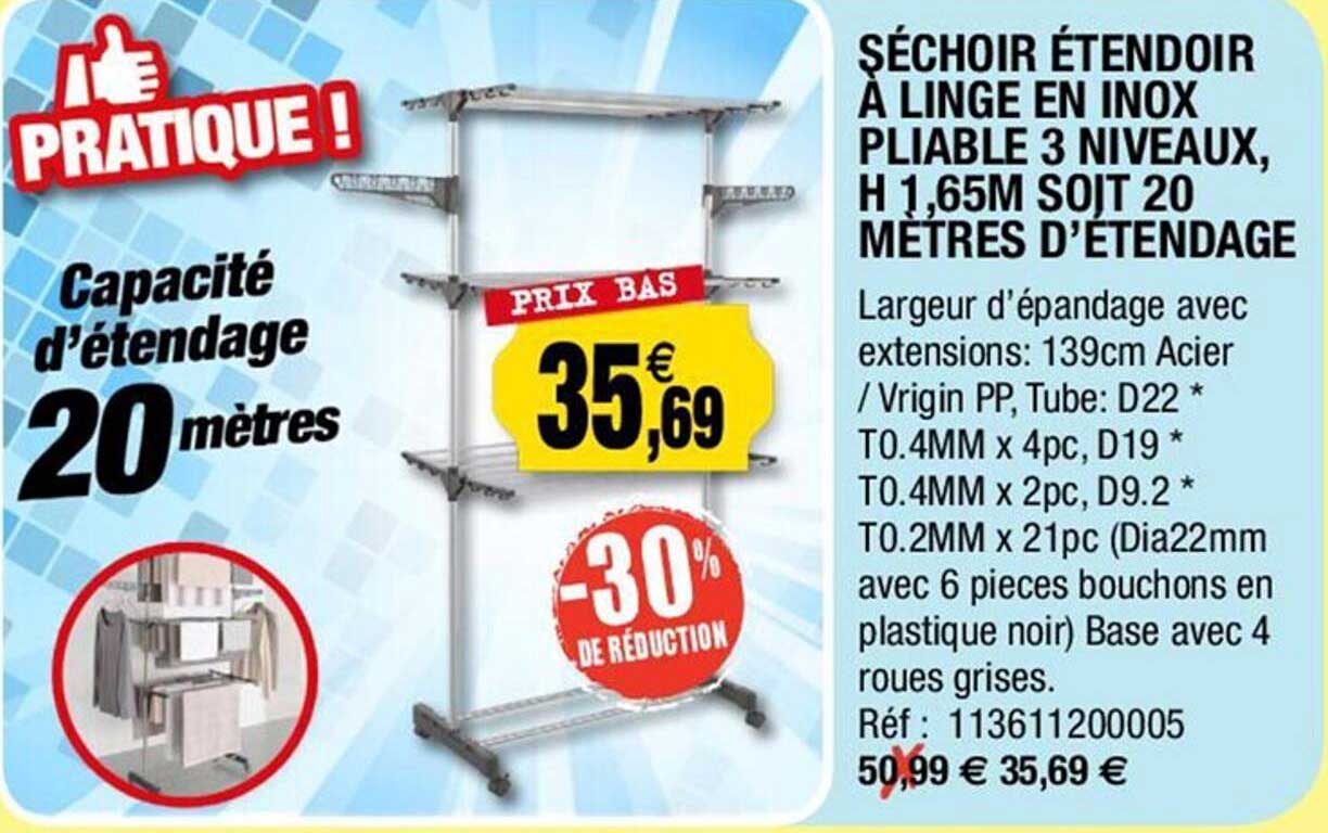 Séchoir étendoir à Linge En Inox Pliable 3 Niveaux, H 1,65 M Soit 20 Mètres D'étendage