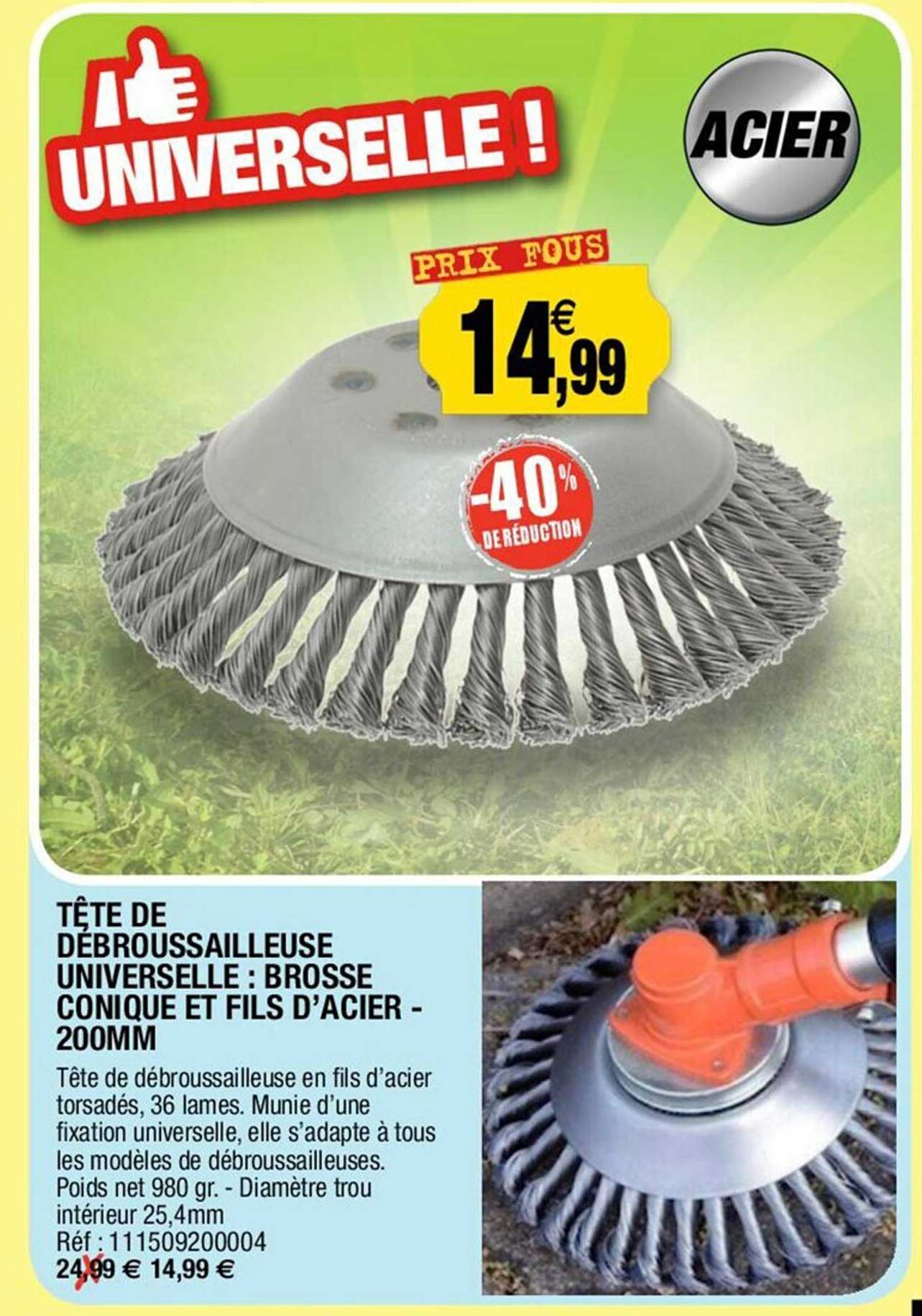 tête de débroussailleuse universelle : brosse conique et fils d'acier - 200mm