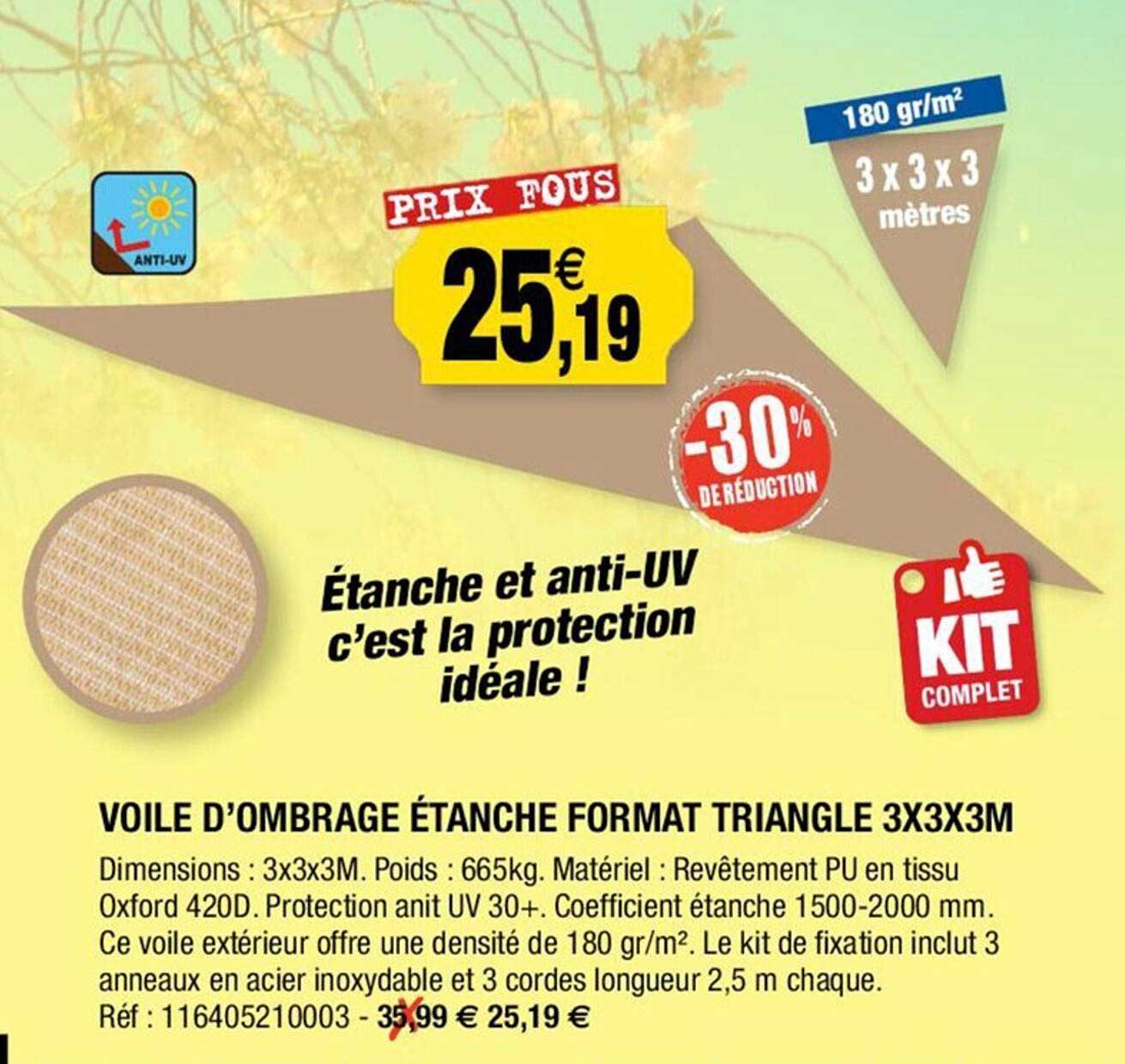 voile d'ombrage étanche format triangle 3 x 3 x 3 m