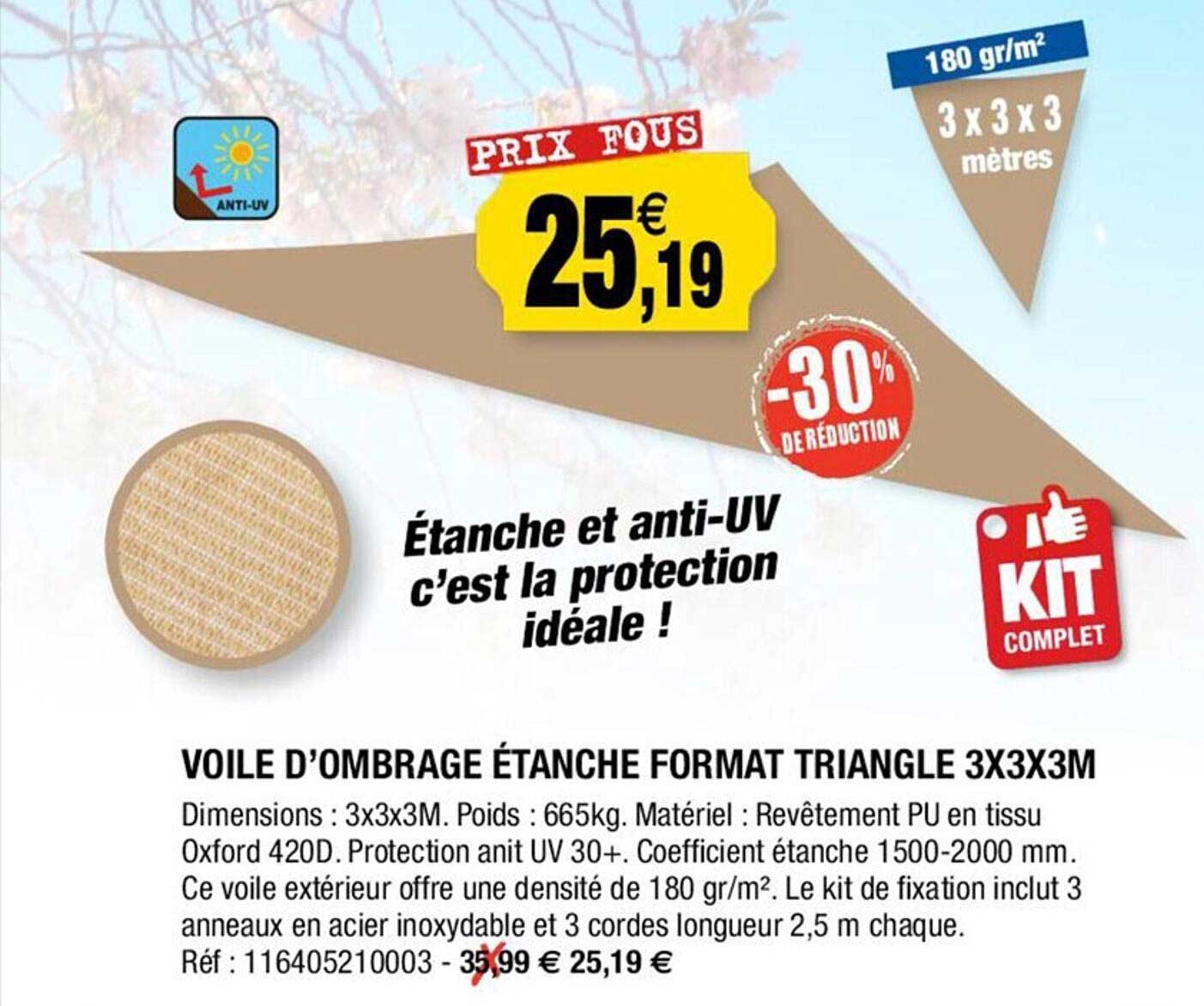 voile d'ombrage étanche format triangle 3 x 3 x 3 m