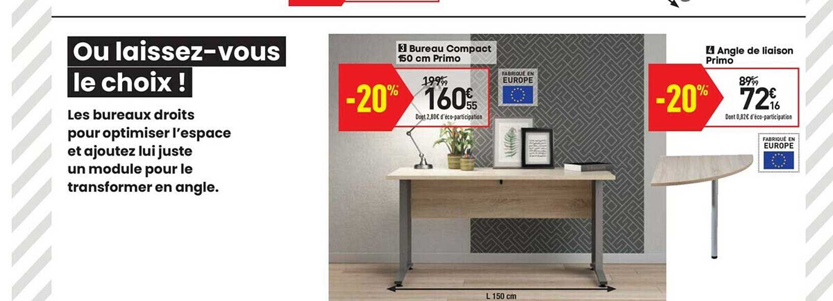 angle de liaison primo bureau compact 150 cm primo