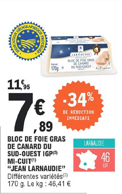 bloc de foie gras de canard du sud-ouest igp mi-cuit "jean larnaudie"
