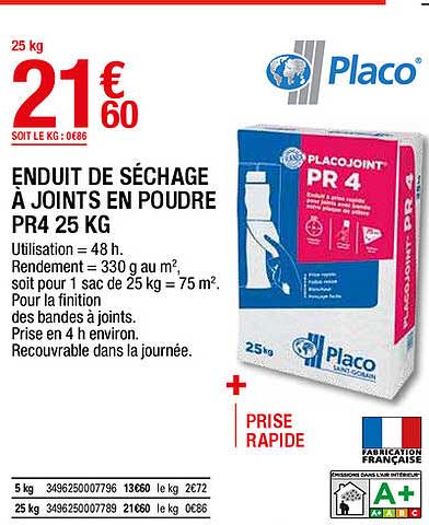 enduit de séchage à joint en poudre pr4 25 kg placo