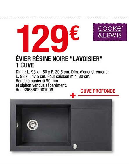 évier résine noire "lavoisier" 1 cuve cooke&lewis