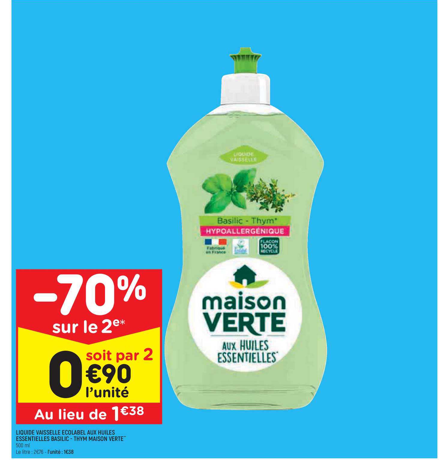 liquide vaisselle écolabel aux huiles essentielles basilic - thym maison verte