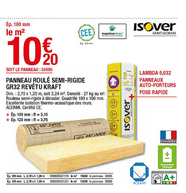 panneau roulé semi-rigide gr32 revêtu kraft isover
