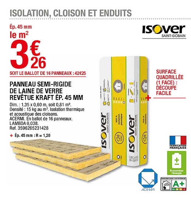panneau semi-rigide de laine de verre revêtue kraft ép. 45 mm isover