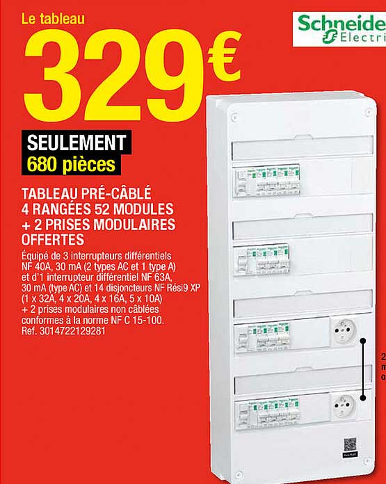 tableau pré-câblé 4 rangées 52 modules + 2 prises modulaires offertes schneider