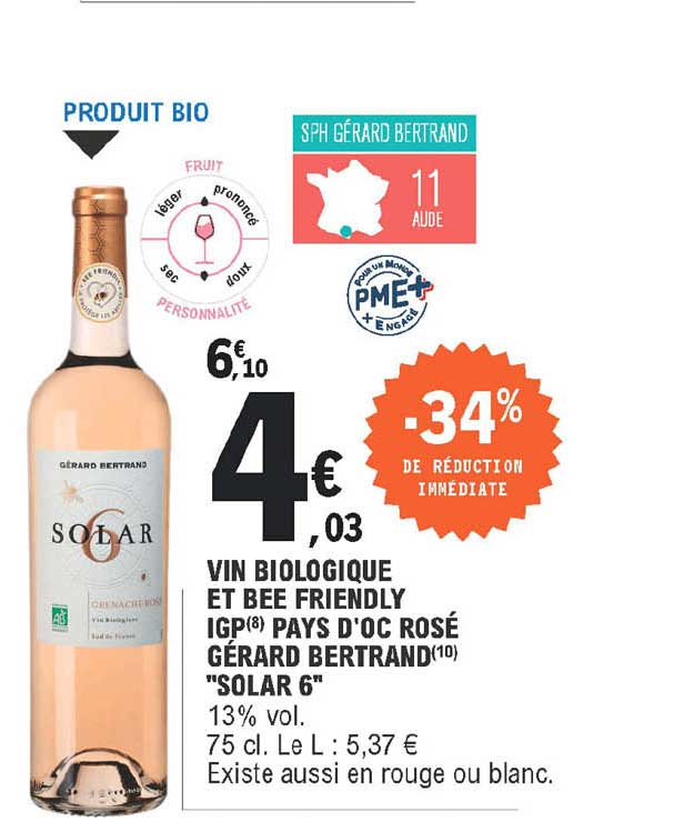 vin biologique et bee friendly igp pays d'oc rosé gérard bertrand "solar 6"