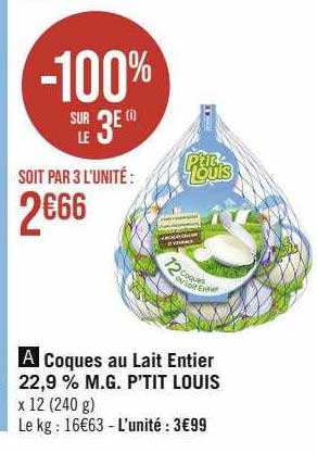 coques au lait entier 22,9% m.g. p'tit louis