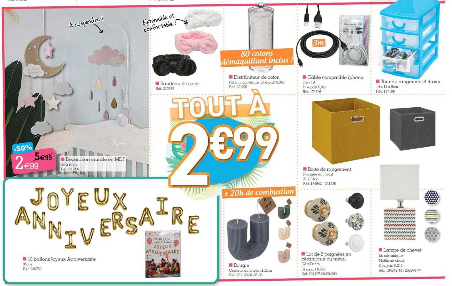 décoration murale en mdf, 18 ballons joyeux anniversaire, bougie, lot de 2 poignées en céramique ou métal, lampe de chevet, boîte de rangement, tour de rangement 4 tiroirs, câble compatible iPhone