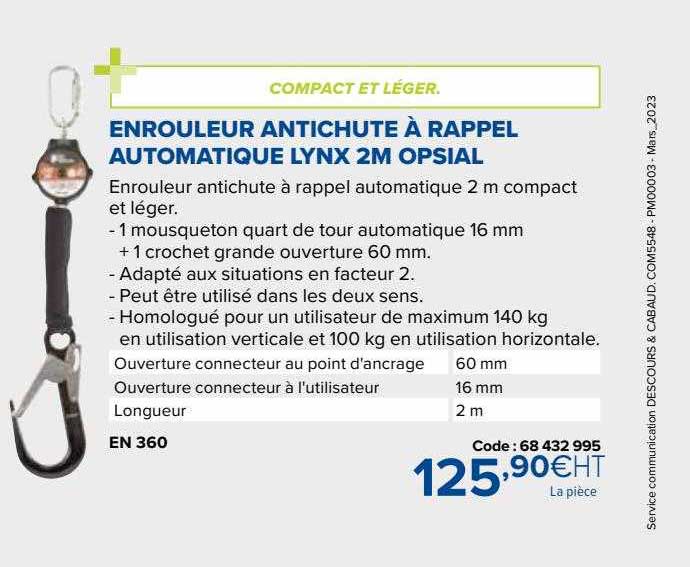 enrouleur antichute à rappel automatique lynx 2m opsial