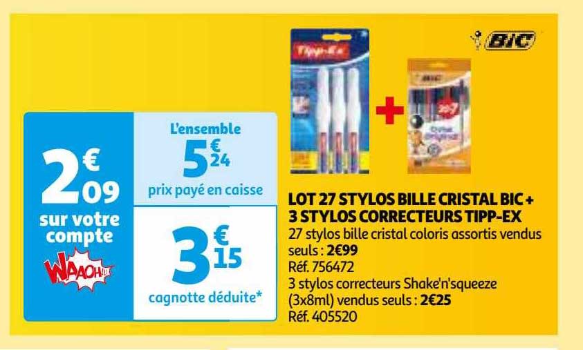 lot 27 stylos bille cristal bic + 3 stylos correcteurs tipp-ex