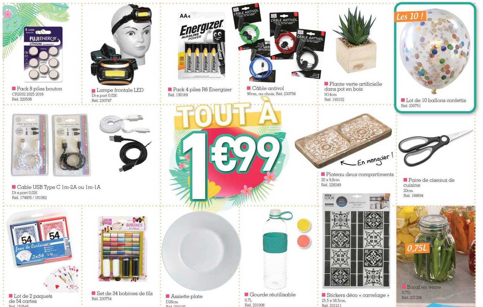 pack 8 piles bouton, câble usb type c 1m-2a ou 1m-1a, lot de 2 paquets de 54 cartes, set de 34 bobines de fils, lampe frontale led, pack 4 piles r6 energizer, assiette plate, gourde réutilisable