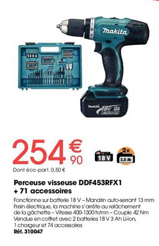 Perceuse Visseuse Ddf453rfx1 + 71 Accessoires Makita