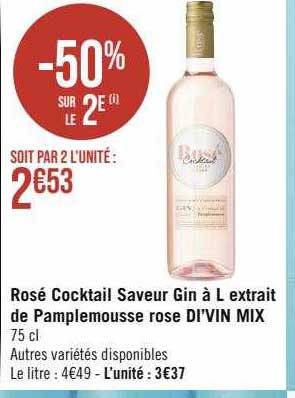 rosé cocktail saveur gin à l'extrait de pamplemousse rose di'vin mix