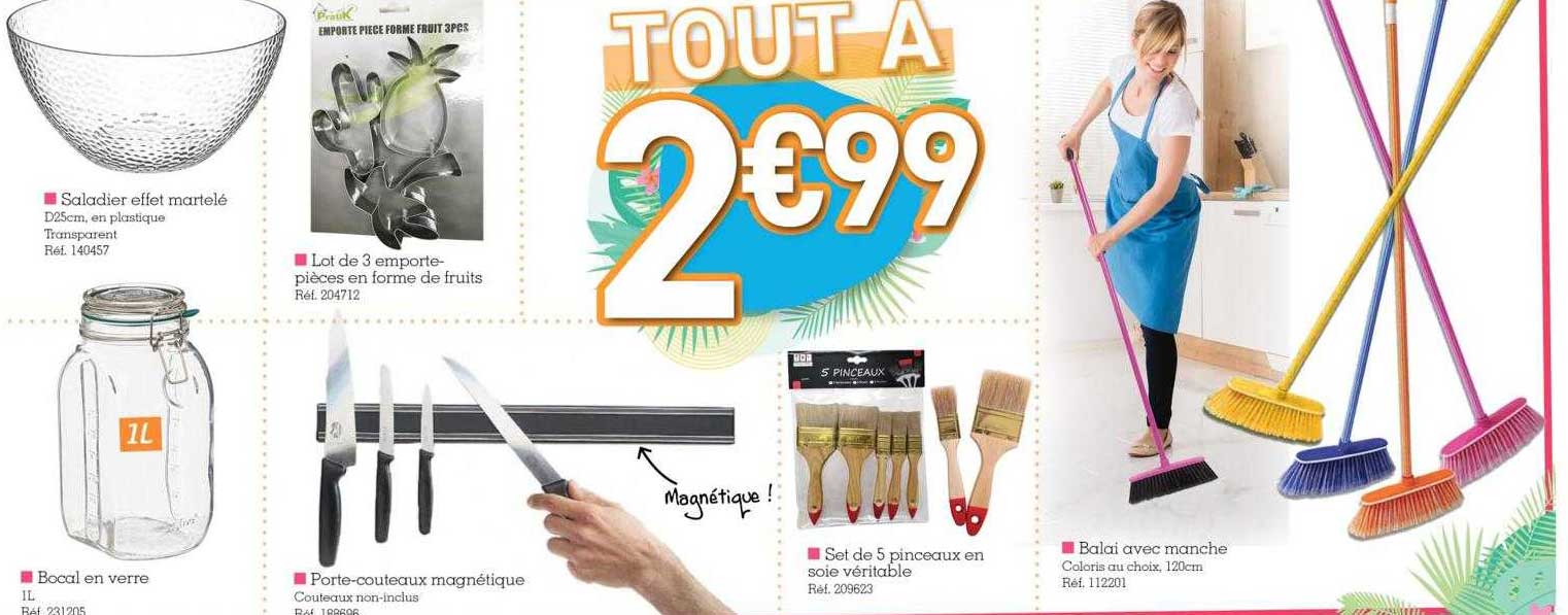 saladier effet martelé, bocal en verre, porte-couteaux magnétique, lot de 3 emporte-pièces en forme de fruits, set de 5 pinceaux en soie véritable, balai avec manche