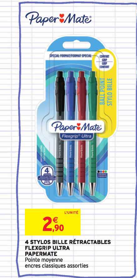 4 Stylos Bille Rétractables Flexgrip Ultra Papermate