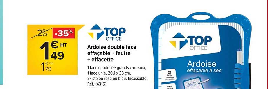 Ardoise Double Face Effaçable + Feutre + Effacette Top Office