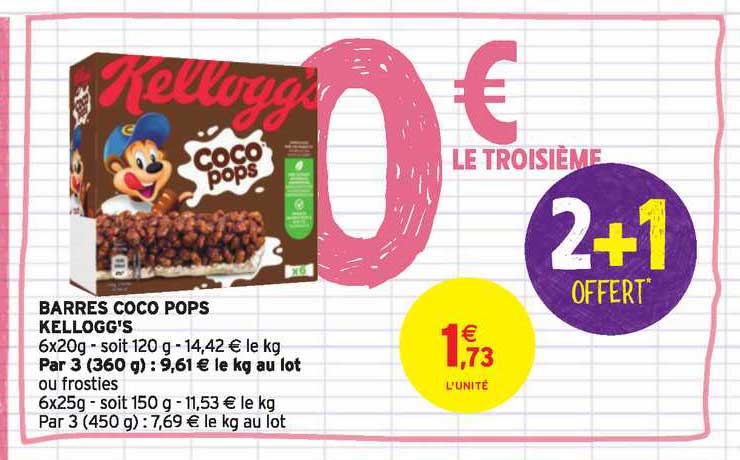 barres coco pops kelloggs 2+1 offert