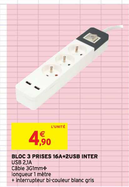bloc 3 prises 16a+2usb inter