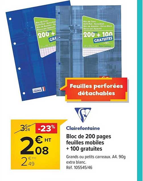 bloc de 200 pages feuilles mobiles + 100 gratuites clairefontaine