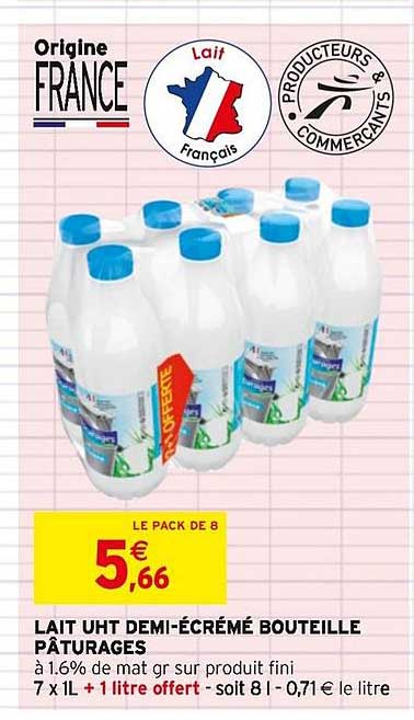 Bouteille Lait Uht Demi écrémé Pâturages