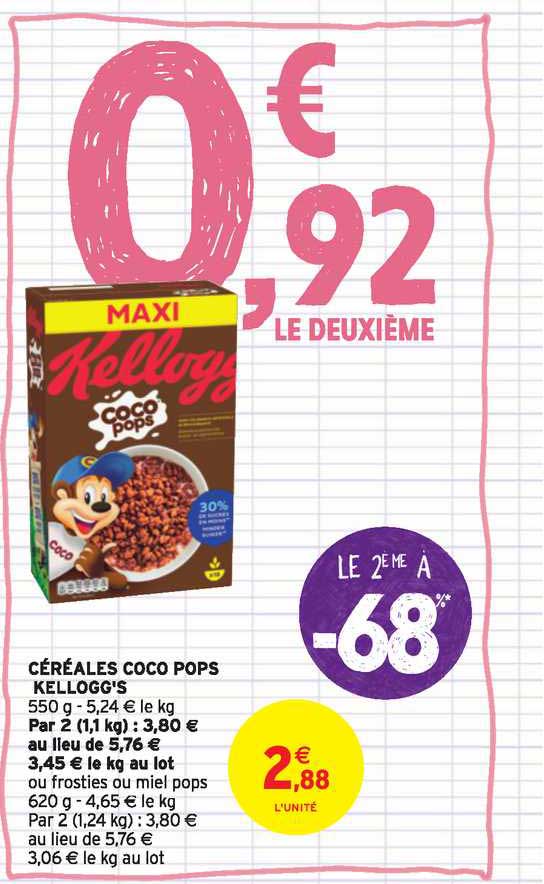 céréales coco pops kelloggs le 2e à -68%