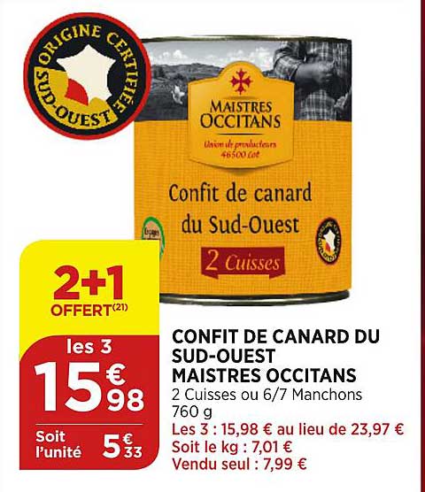 Confit De Canard Du Sud Ouest Maistres Occitans 2+1 Offert