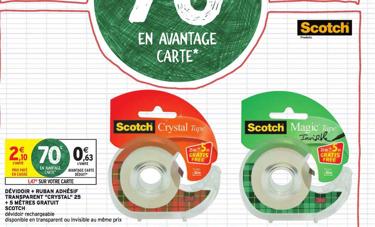 dévidoir+ruban adhésif transparent crystal 25+5 mètres gratuit scotch