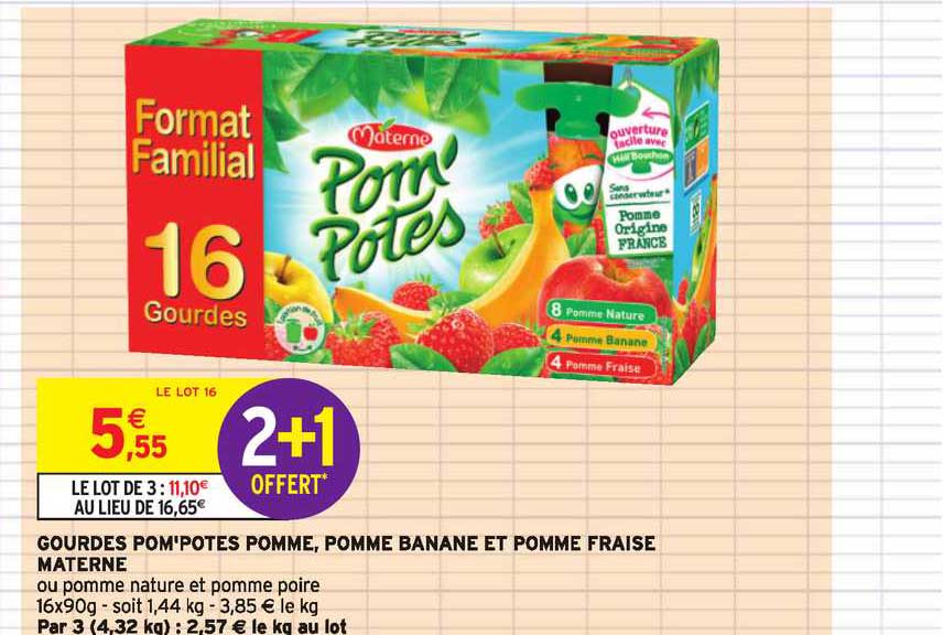 gourdes pom potes pomme, pomme banane et pomme fraise materne  2+1 offert