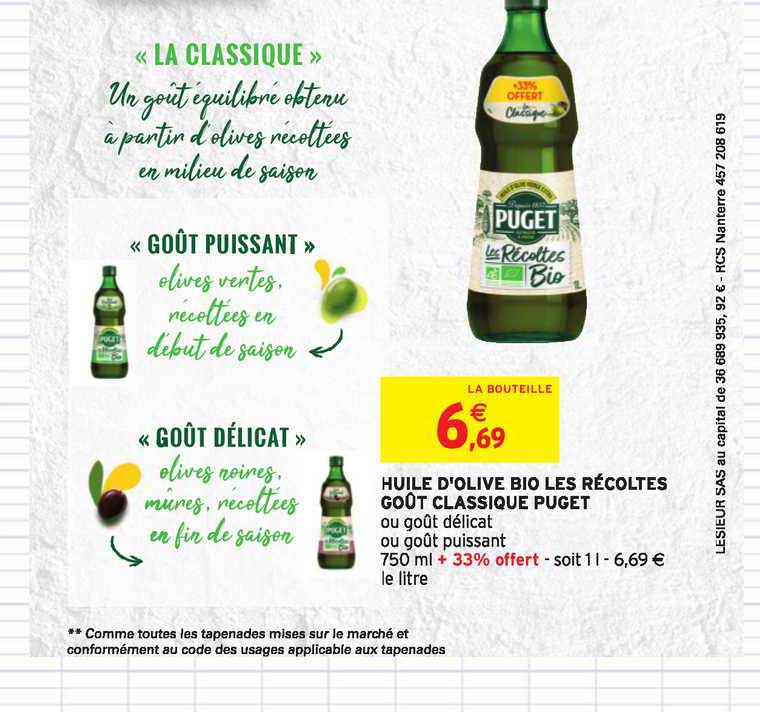 Huile D Olive Bio Les Récoltes Goût Classique Puget