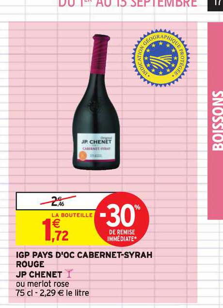 igp pays d oc cabernet syrah rouge jp chenet -30% de remise immédiate