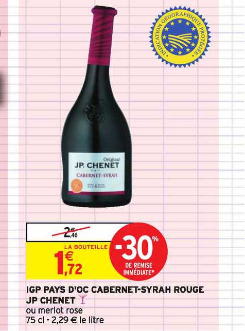 igp pays d oc cabernet syrah rouge jp chenet -30% de remise immédiate