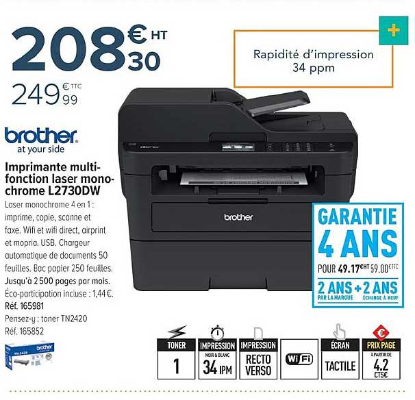 imprimante multi fonction laser mono chrome l2730dw brother at your side