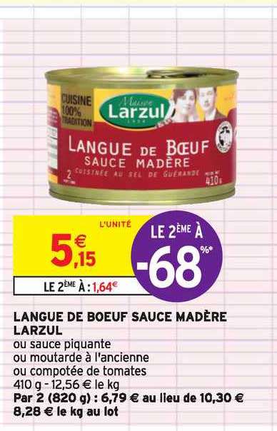 Langue De Boeuf Sauce Madère Larzul  Le 2e à -68%